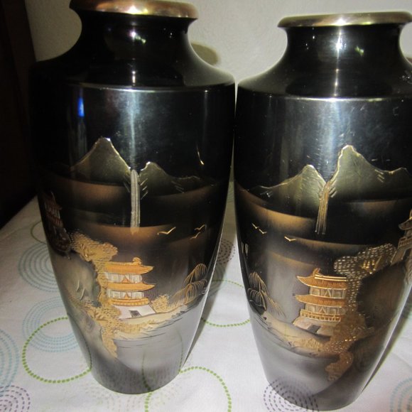 Design Pair Of Vintage Japanese Etched Tall Metal Vases 8 14inch Tall